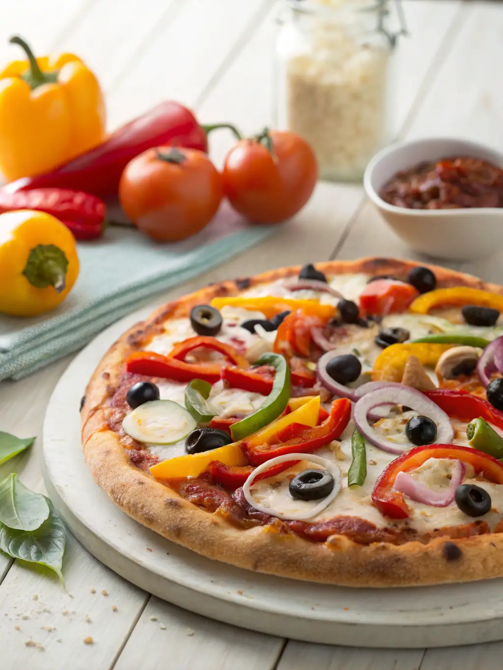 A colorful image of a 'Veggie Supreme' pizza from Pizza Depot, featuring bell peppers, onions, tomatoes, broccoli, and mushrooms on a traditional crust, with a light tomato sauce.