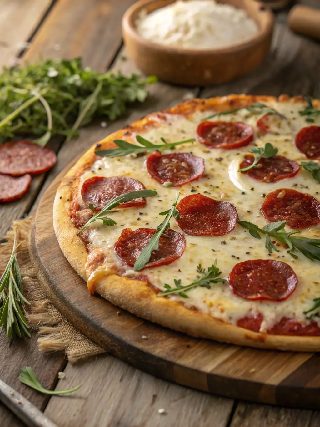 A vibrant, overhead shot of a 'Canadian Classic' pizza from Pizza Depot, showcasing pepperoni, mushrooms, and mozzarella cheese on a crispy crust, presented on a wooden pizza peel.