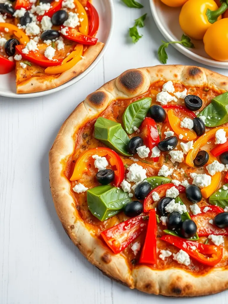 A close-up image of a 'Mediterranean Delight' pizza from Pizza Depot, highlighting feta cheese, olives, sun-dried tomatoes, and spinach on a thin crust, garnished with fresh basil.